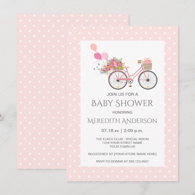 Rosa Bicycle Flowers Polka dots Baby Shower Inbjudningar (Fram/baksida)