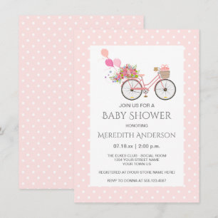 Rosa Bicycle Flowers Polka dots Baby Shower Inbjudningar