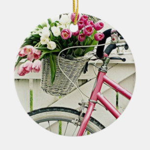 ROSA"BICYCLE" MED BASKET-FLÖDEN JULGRANSPRYDNAD KERAMIK
