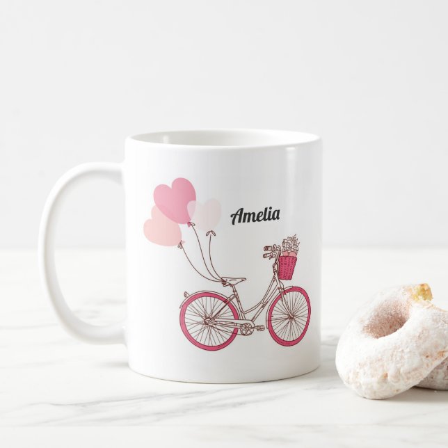 Rosa Bicycle och Heart Balloations Personlig mugg (Med munk)