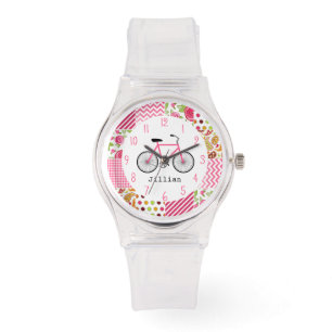 Rosa Bicycle & Patchwork Mönster Watch Watch Armbandsur