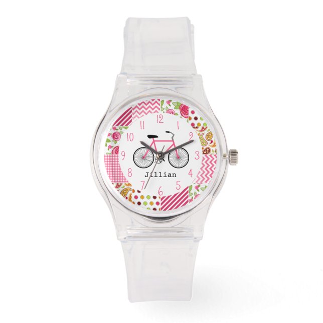 Rosa Bicycle & Patchwork Mönster Watch Watch Armbandsur (Framsida)