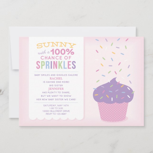 Rosa Big Sister Cupcake Baby Sprinkle Inbjudan (Framsida)