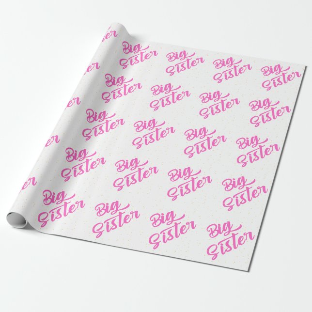 Rosa Big Sister Typography med glitter Presentpapper (Utrullad)