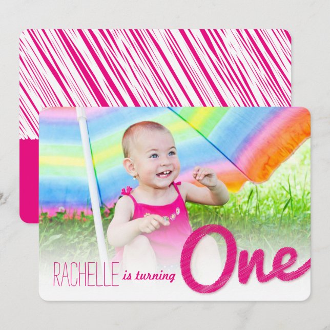 Rosa Big Sketch One Flicka 1st Birthday Party Inbjudningar (Fram/baksida)