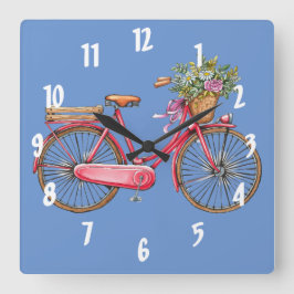 Rosa Bike & Basket Square Wall Clock Fyrkantig Klocka