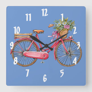 Rosa Bike & Basket Square Wall Clock Fyrkantig Klocka