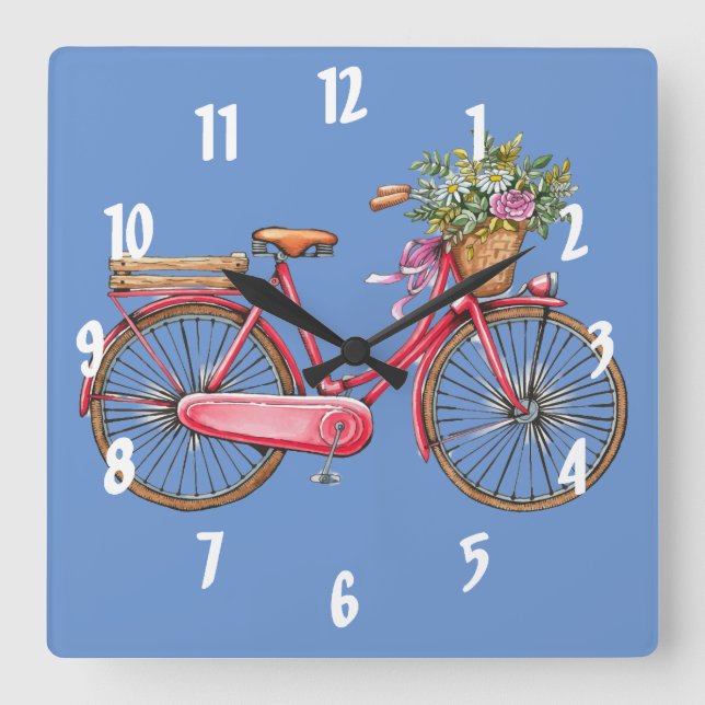 Rosa Bike & Basket Square Wall Clock Fyrkantig Klocka (Framsida)