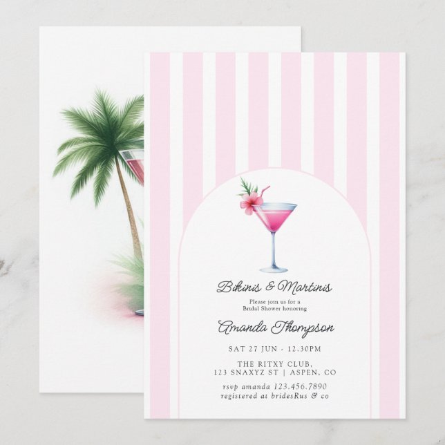 Rosa bikinier & Martinis Tropisk bröllopsdusch Inbjudningar (Fram/baksida)