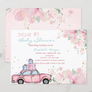 Rosa Bil Present Flortur Drive By Baby Shower Inbjudningar