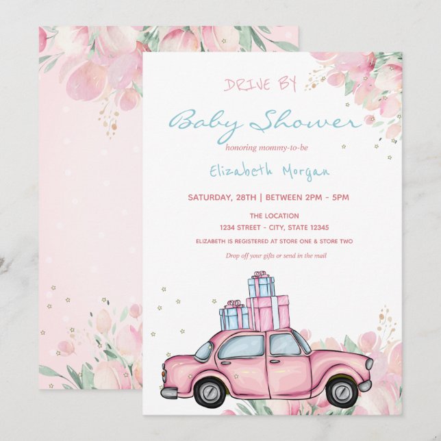 Rosa bil presenterar Blomster Drive By Baby Shower Inbjudningar (Fram/baksida)