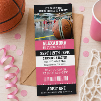 Rosa Biljett till Basket Birthday Party Inbjudningar