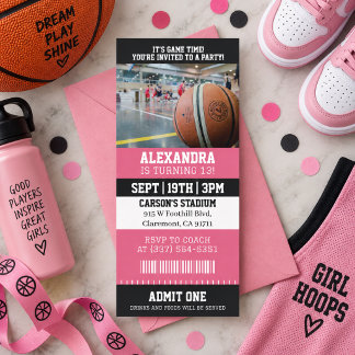 Rosa Biljett till Basket Birthday Party Inbjudningar