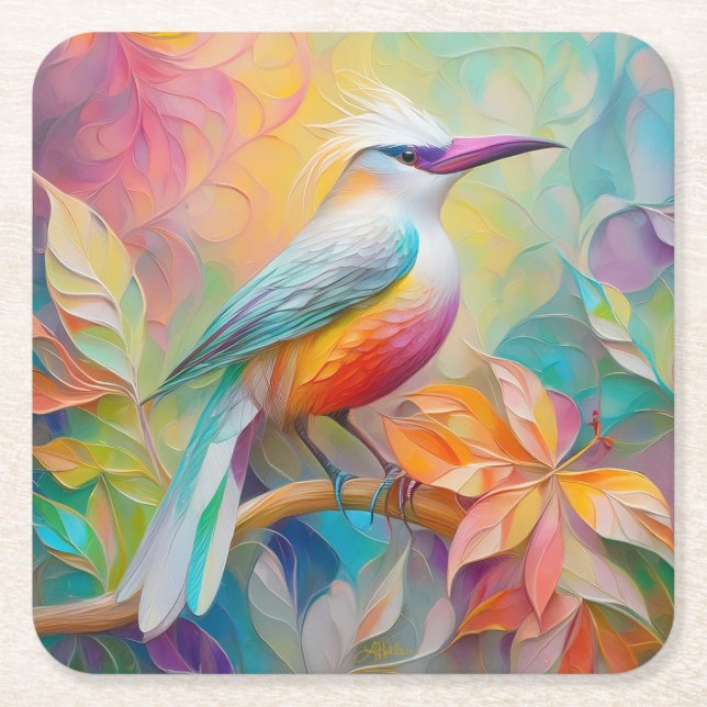 Rosa Billed Red Brested Fantasy Bird Underlägg Papper Kvadrat (Framsidan)