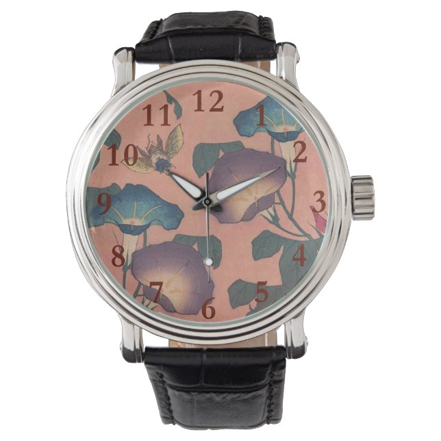 Rosa binbloms klassiska Hokusai-konst Armbandsur (Framsida)