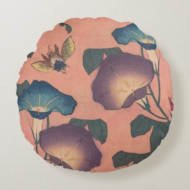 Rosa binbloms klassiska Hokusai-konst Rund Kudde (Framsidan)