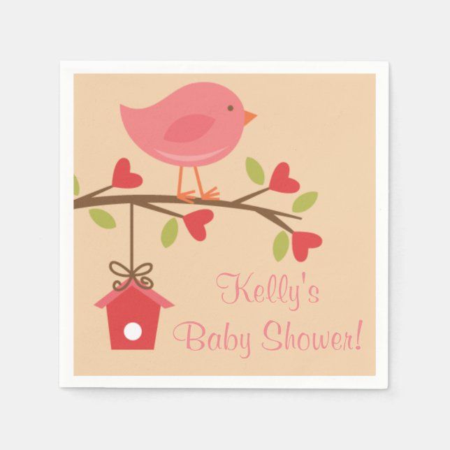 Rosa Bird Baby Shower Napkins Pappersservett (Framsidan)