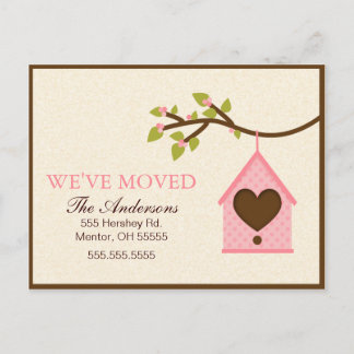 Rosa Bird House Hanging Flytta Annocements Meddelande Vykort