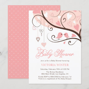 Rosa Birds and Heartstrings Baby Shower Inbjudningar