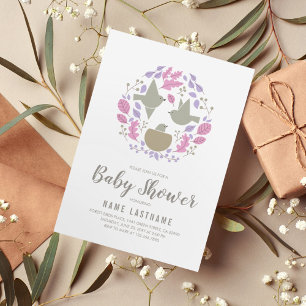 Rosa Birds Nest Circle Girl Par Baby Shower Inbjudningar