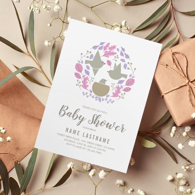 Rosa Birds Nest Circle Girl Par Baby Shower Inbjudningar (Skapare uppladdad)