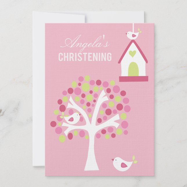 Rosa Birds & Träd Baby Baptism Christening Inbjuda Inbjudningar (Framsida)
