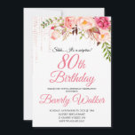 Rosa Birthday 80th Surprise Blommigt Inbjudningar<br><div class="desc">Fira en speciell milstolpe med den vackra vattenfärgen ro botaniska födelsedagsfest inbjudan som har blommigt gräns på vardera sidan av den elegant placerade texten. Färg omfattar blekens rosa, djup burgundröd och plommon blandad med eterisk grön och små vita accentblommor. Anpassa textmallen med din information. Du kan redigera åldern till vilken...</div>
