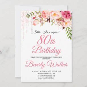 Rosa Birthday 80th Surprise Blommigt Inbjudningar