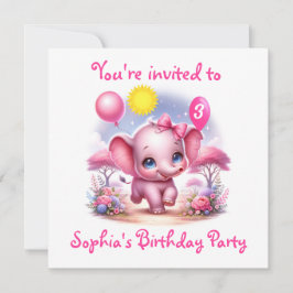 Rosa Birthday Elephant med ballonger Inbjudningar