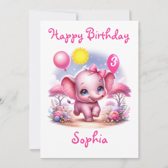 Rosa Birthday Elephant med ballonger Kort (Framsida)