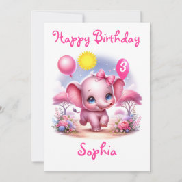 Rosa Birthday Elephant med ballonger Kort