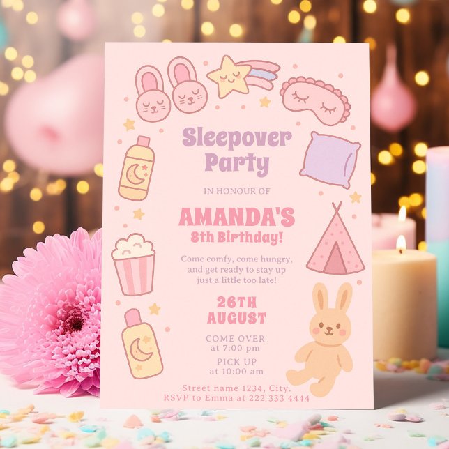 Rosa Birthday Leta efter Sleepover Roligt Inbjudningar (Skapare uppladdad)