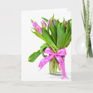 Rosa Birthday Tulips on White Kort