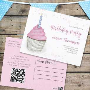 Rosa Birthday Whimsical Cute Cupcoa QR-kod Vykort