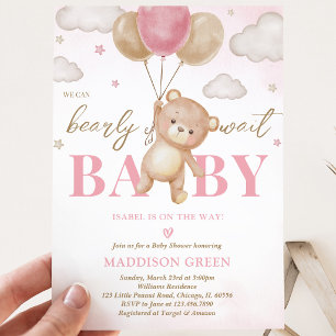 Rosa björn ballong baby shower inbjudningar