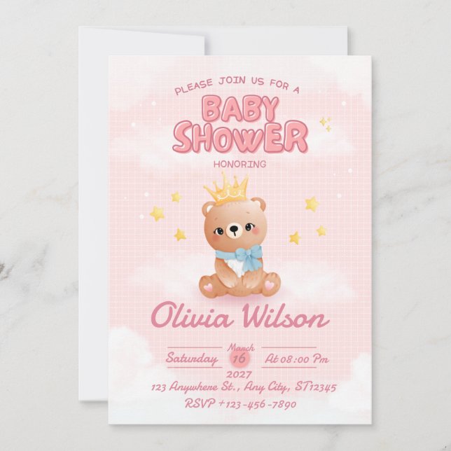 Rosa björn bebisshower inbjudan (Framsida)