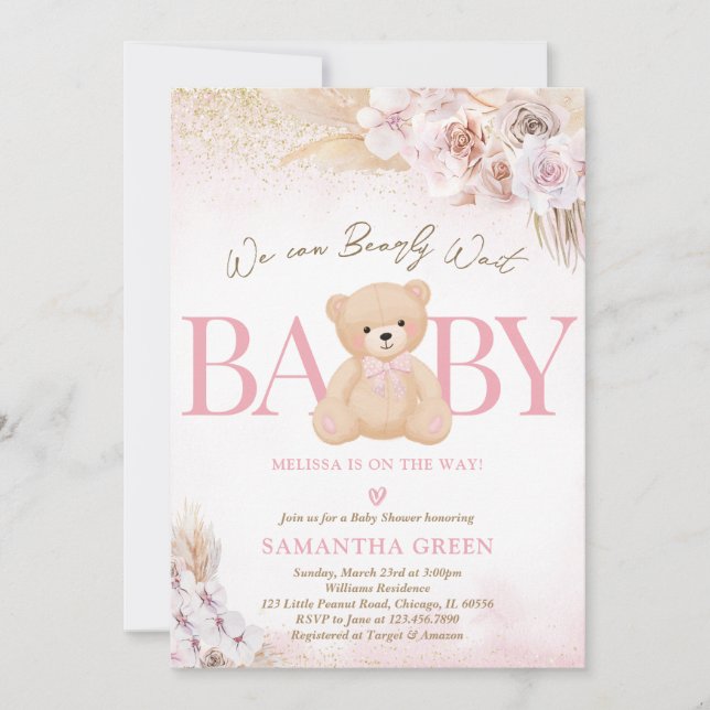 Rosa Björn Boho Baby Shower Inbjudningar (Framsida)