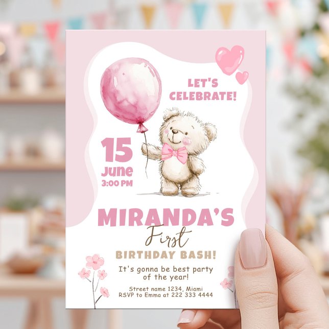 Rosa björn födelsedagsfest 1-årsdag inbjudningar (Skapare uppladdad)