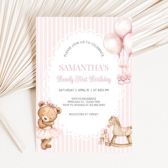Rosa björn första födelsedagsfest inbjudningar (Bearly First Birthday Invitation)