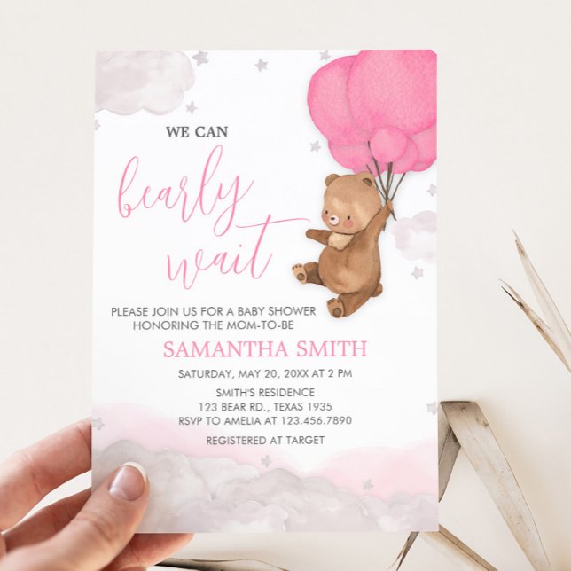 Rosa Björn Knappt Väntar Baby Shower Inbjudningar (Pink Bearly Wait Balloon Baby Shower Invitation
)