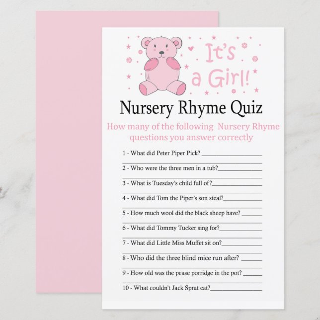 Rosa björn Nursery Rhyme Quiz babyduschspel (Fram/baksida)