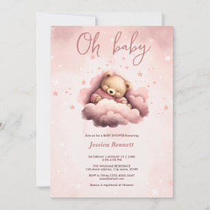 Rosa björn på moln baby födelsedag inbjudningar