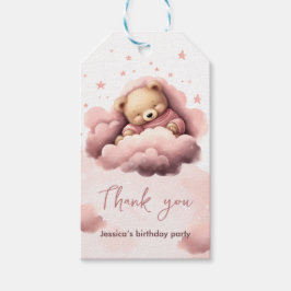 Rosa björn på moln baby födelsedagsäck presentetikett