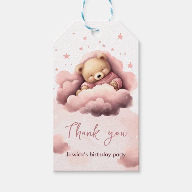 Rosa björn på moln baby födelsedagsäck presentetikett (Framsidan)