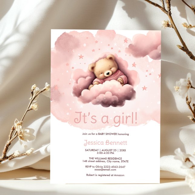 Rosa björn på molnen, inbjudan till babydusch (Cute sleeping bear in pink clouds baby shower)