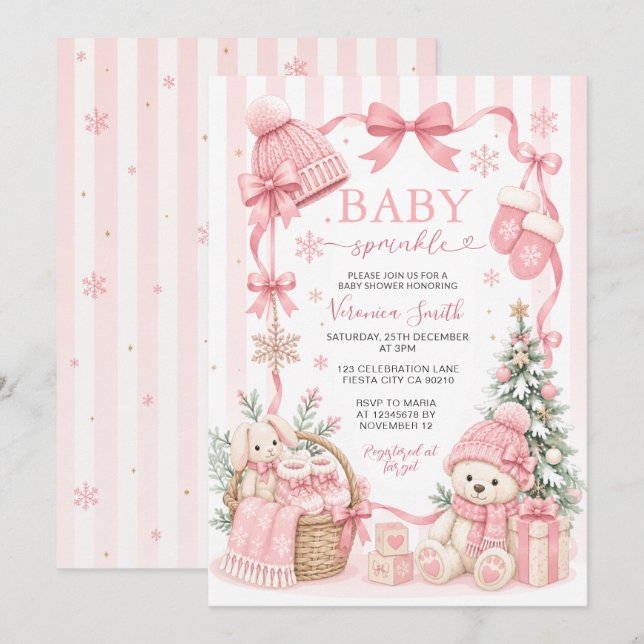 Rosa björn Vinter Baby Sprinkle Inbjudan (Fram/baksida)