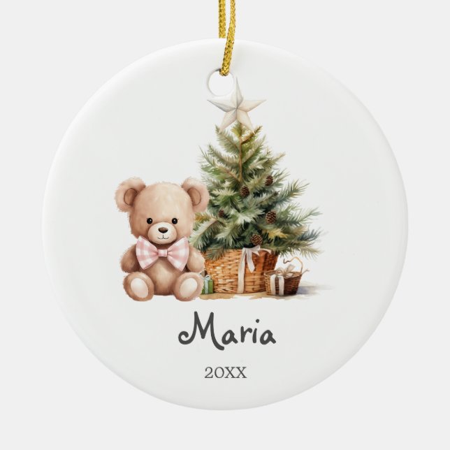 Rosa björnträd för bebis första jul julgransprydnad keramik (Framsidan)