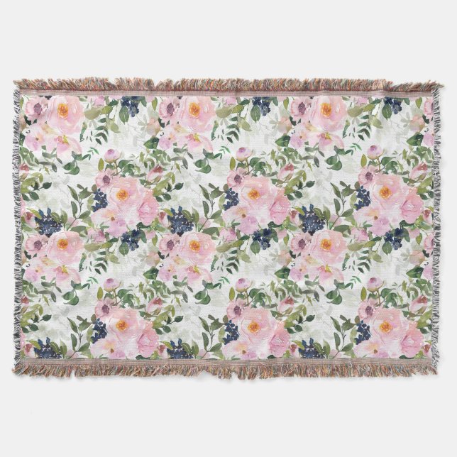 Rosa Blå Akvarell Blommig Gröna blad Filt (Framsidan)