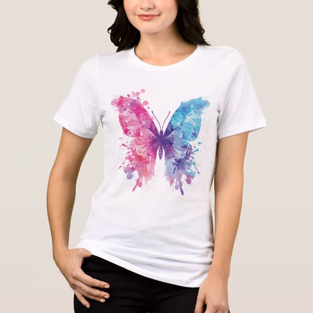 Rosa & Blå Akvarell Fjäril T-Shirt – Mjuk Pa (Framsida)