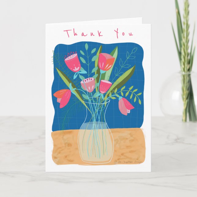 Rosa/Blå blomma Vas Tack Kort (Framsida)